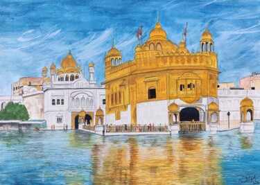 Painting titled "Golden Temple, India" by Mohita Garg, Original Artwork, Watercolor