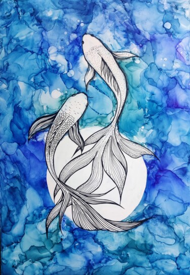 Peinture intitulée "Koi fishes" par Mohita Garg, Œuvre d'art originale, Encre