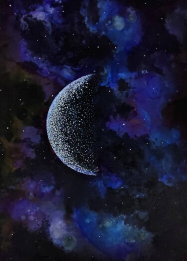 Peinture intitulée "In awe of the moon" par Mohita Garg, Œuvre d'art originale, Encre