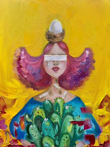 Картина под названием "The girl with cactus" - Mokhinur Fakhri, Подлинное произведение искусства, Масло