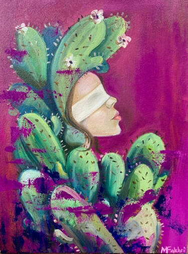 Painting titled "Cactus girl" by Mokhinur Fakhri, Original Artwork, Oil