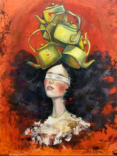 Pintura titulada "The woman with teap…" por Mokhinur Fakhri, Obra de arte original, Oleo