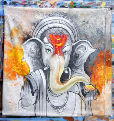 Pittura intitolato "Ganesha Bless India…" da Moksh Solanki, Opera d'arte originale, Olio