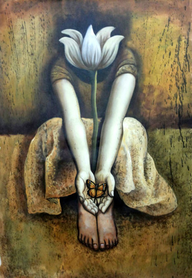 Painting titled "A Girl Hiding Face" by Moksh Solanki, Original Artwork, Oil