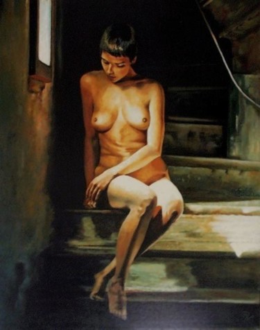 Peinture intitulée "nu dans l escalier" par Yves Molac, Œuvre d'art originale