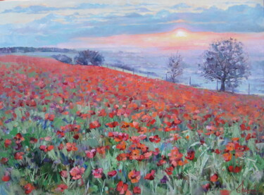 Painting titled "Poppy Field" by Molena, Original Artwork, Oil