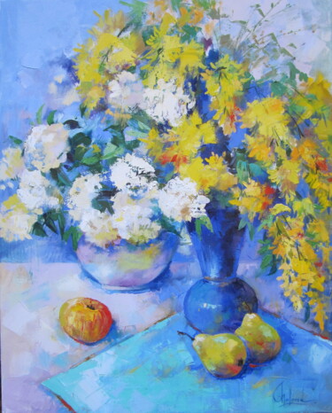 Painting titled "Yellow Flowers" by Molena, Original Artwork, Oil Mounted on Wood Stretcher frame