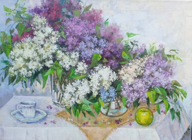 Painting titled "Lilac" by Molena, Original Artwork, Oil Mounted on Wood Stretcher frame