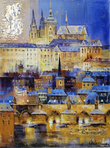 Painting titled "Night Prague" by Molena, Original Artwork, Acrylic Mounted on Wood Stretcher frame