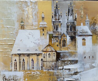 Schilderij getiteld "Golden Prague" door Molena, Origineel Kunstwerk, Acryl Gemonteerd op Frame voor houten brancard