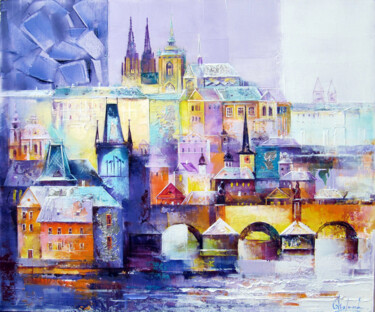 Painting titled "Night Winter Prague" by Molena, Original Artwork, Acrylic