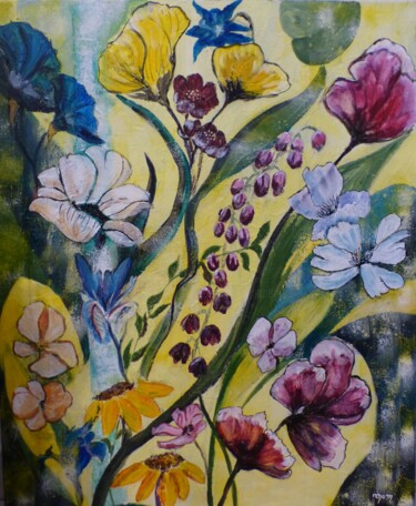 Painting titled "Fleurs" by Môm, Original Artwork, Acrylic Mounted on Wood Stretcher frame