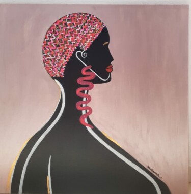 Schilderij getiteld "AFRICAINE" door Mona Amara, Origineel Kunstwerk, Aquarel Gemonteerd op Frame voor houten brancard