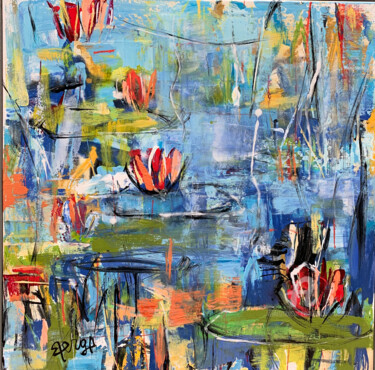 Painting titled "Water Lilies" by Mona Berga, Original Artwork, Oil Mounted on Wood Stretcher frame