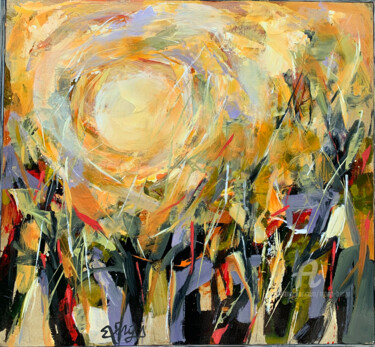 Painting titled "Vineyard at Sunset" by Mona Berga, Original Artwork, Oil Mounted on Wood Stretcher frame