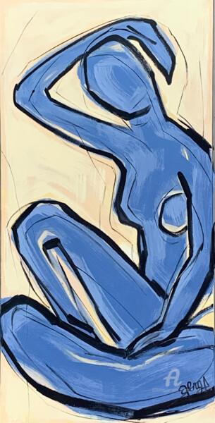 Painting titled "Blue Nude" by Mona Berga, Original Artwork, Oil Mounted on Wood Stretcher frame