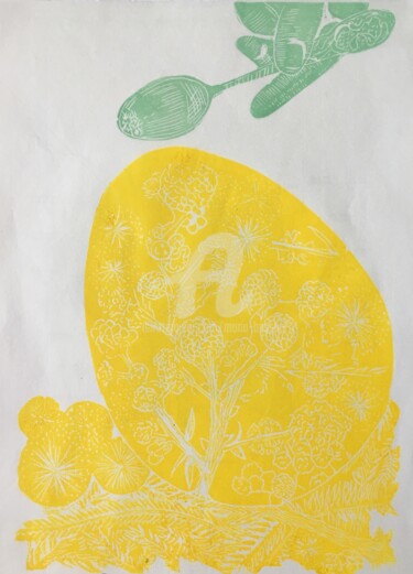 Prenten & gravures getiteld "OEuf mimosa" door Mona Bessaa, Origineel Kunstwerk, Linosnede