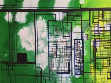 Painting titled "Petite cité verte" by Mona Bessaa, Original Artwork, Ink