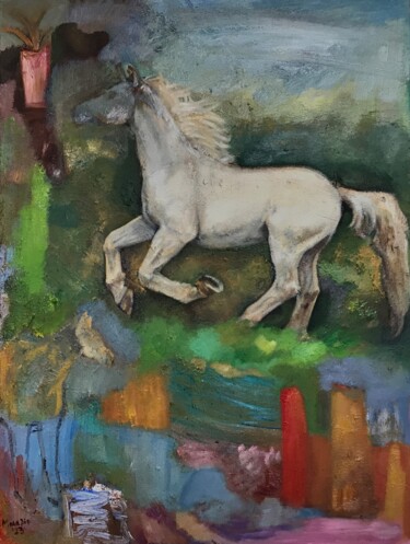 Painting titled "Pferd und Vase" by Mona Dia, Original Artwork, Oil