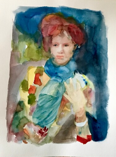 Malerei mit dem Titel "Frau in bunter Klei…" von Mona Dia, Original-Kunstwerk, Aquarell