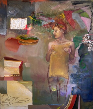 Malerei mit dem Titel "Ein Kissen haltend" von Mona Dia, Original-Kunstwerk, Öl