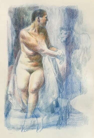 Rysunek zatytułowany „Akt und Löwe” autorstwa Mona Dia, Oryginalna praca, Conté
