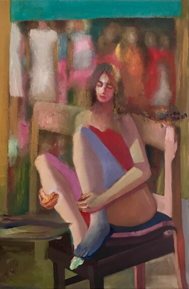 Painting titled "Frau, auf Stuhl sit…" by Mona Dia, Original Artwork, Oil