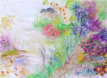 Painting titled "L'ETANG FLEURI" by Mona Roussette, Original Artwork