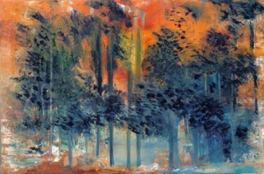 Peinture intitulée "Forêt et crépuscule" par Mona Roussette, Œuvre d'art originale, Huile