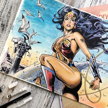 Painting titled "Wonder Woman" by Kristina Art Gallery, Original Artwork, Watercolor Mounted on Cardboard