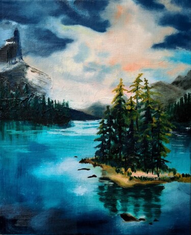 Painting titled "Mountain Lake" by Monawesta, Original Artwork, Oil