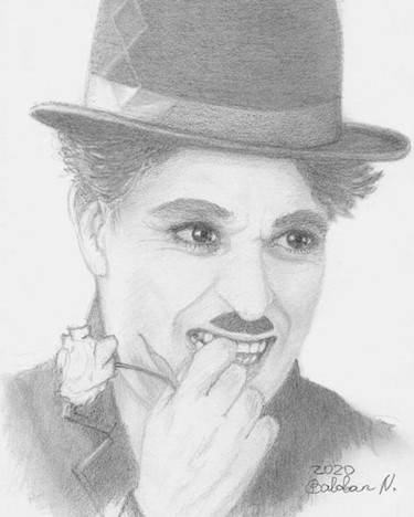 Drawing titled "Charlie Chaplin" by Nadège Baloban, Original Artwork, Pencil