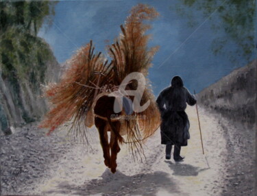 Peinture intitulée "RETOUR A LA FERME.…" par Monelle, Œuvre d'art originale, Huile
