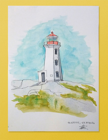 Painting titled "Phare" by Mon Rus, Original Artwork, Watercolor