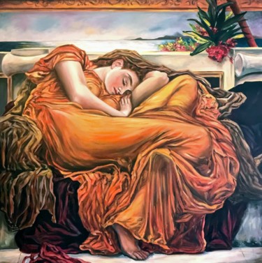 Flaming June after Frederick Leighton Pittura intitolato "Flaming June after…" da Monica Callaghan, Opera d'arte originale, Olio Montato su Barella di tela