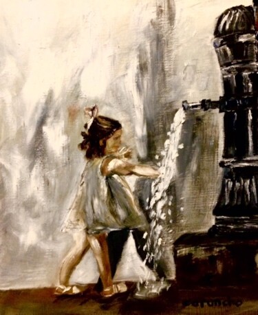 Painting titled "Jugando en la fuente" by Mónica Caruncho Fontela, Original Artwork, Oil