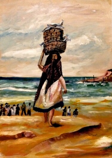 Картина под названием "Pescadora" - Mónica Caruncho Fontela, Подлинное произведение искусства, Масло