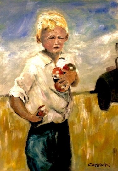 Pintura titulada "Recogiendo manzanas" por Mónica Caruncho Fontela, Obra de arte original, Oleo