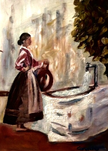 Painting titled "A por agua a la fue…" by Mónica Caruncho Fontela, Original Artwork, Oil
