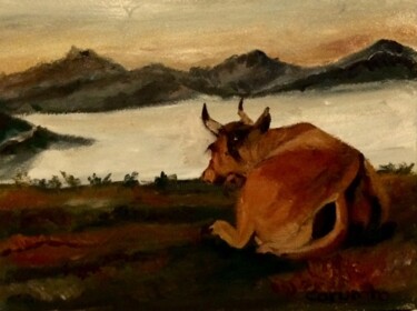 Painting titled "La vaca en los Lago…" by Mónica Caruncho Fontela, Original Artwork, Oil