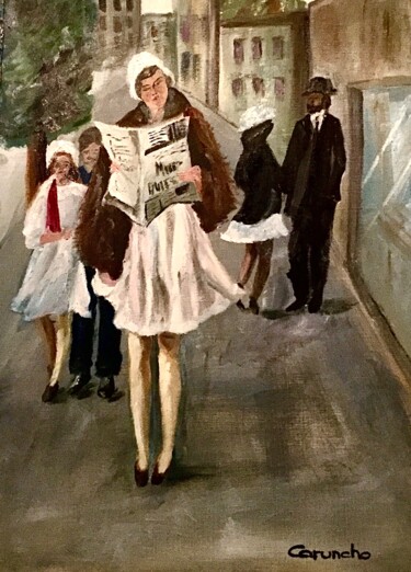 Painting titled "Con la prensa" by Mónica Caruncho Fontela, Original Artwork, Oil