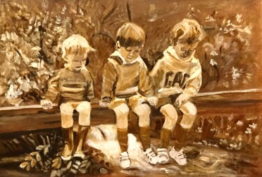 Malerei mit dem Titel "Tres hombrecitos" von Mónica Caruncho Fontela, Original-Kunstwerk, Öl