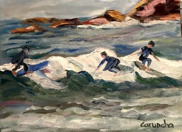 Painting titled "Surfistas" by Mónica Caruncho Fontela, Original Artwork, Oil