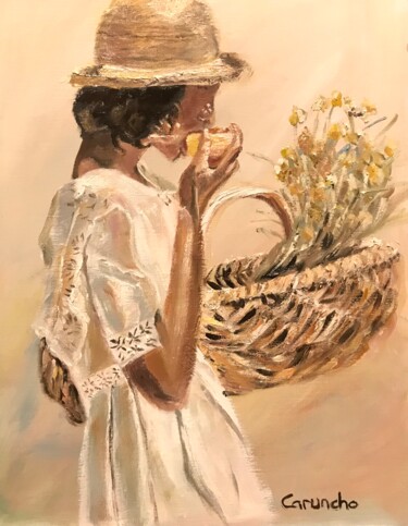 Pintura intitulada "El cesto de manzani…" por Mónica Caruncho Fontela, Obras de arte originais, Óleo