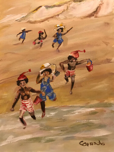 Painting titled "Carrera de cubos" by Mónica Caruncho Fontela, Original Artwork, Oil