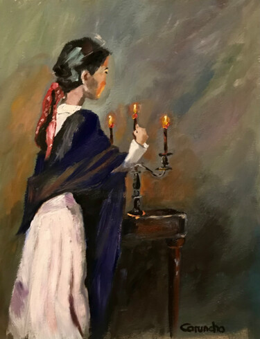 Painting titled "Encendiendo las vel…" by Mónica Caruncho Fontela, Original Artwork, Oil