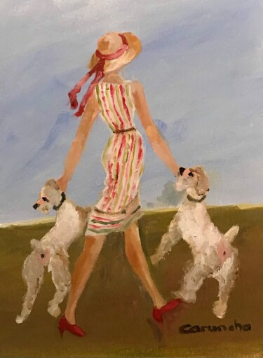 Schilderij getiteld "Señora con perros" door Mónica Caruncho Fontela, Origineel Kunstwerk, Olie