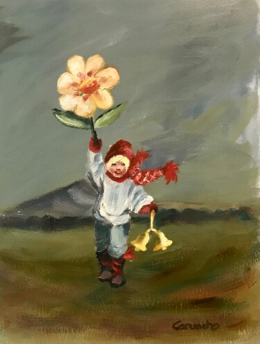 Malerei mit dem Titel "La flor y las campa…" von Mónica Caruncho Fontela, Original-Kunstwerk, Öl