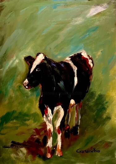 Painting titled "Vaca pastando" by Mónica Caruncho Fontela, Original Artwork, Oil