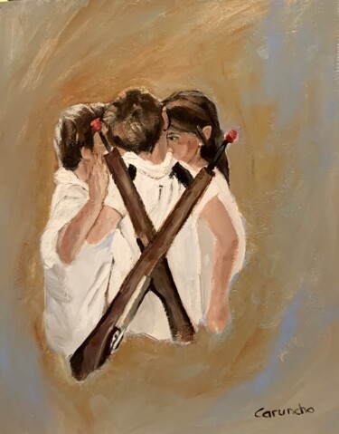 Malerei mit dem Titel "Niños conspirando" von Mónica Caruncho Fontela, Original-Kunstwerk, Öl